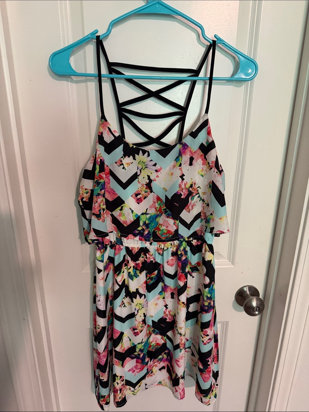 Trixxi Black & Multicolor Chevron Floral Strappy Sundress